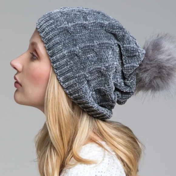 Dark Gray Chenille Cable Knit Faux Fur Pompom Beanie - Picture 1 of 3